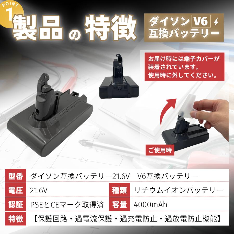 Dyson（ダイソン） 互換品 V6 互換 バッテリー 大容量 4000mAh 21.6V