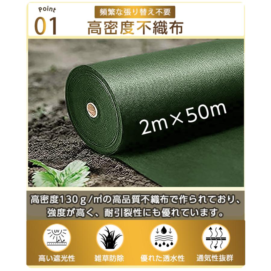 超高耐久 防草シート 2mx50m 高密度130g/m2 固定ピン付き 長期間敷き