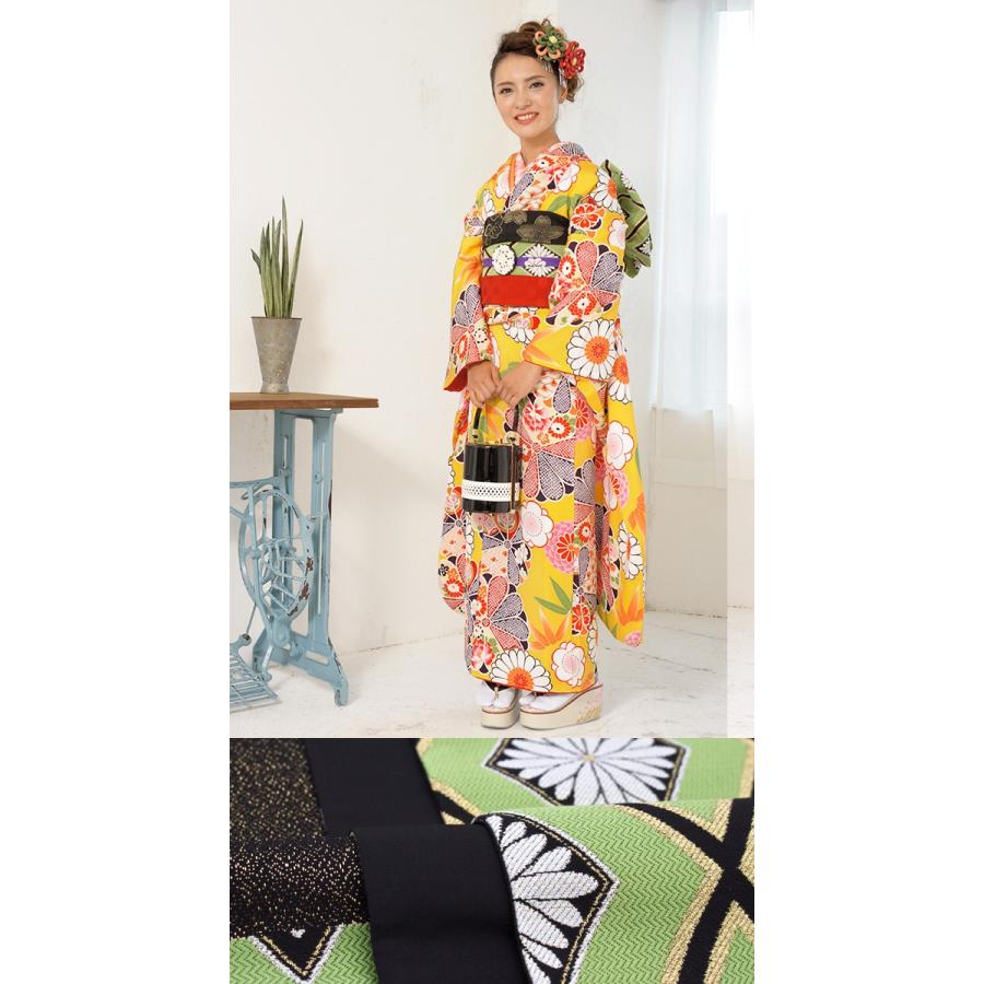 振袖 セット 未仕立て 仮絵羽 黄 イエロー 菊 梅 竹笹 花 正絹 西陣織