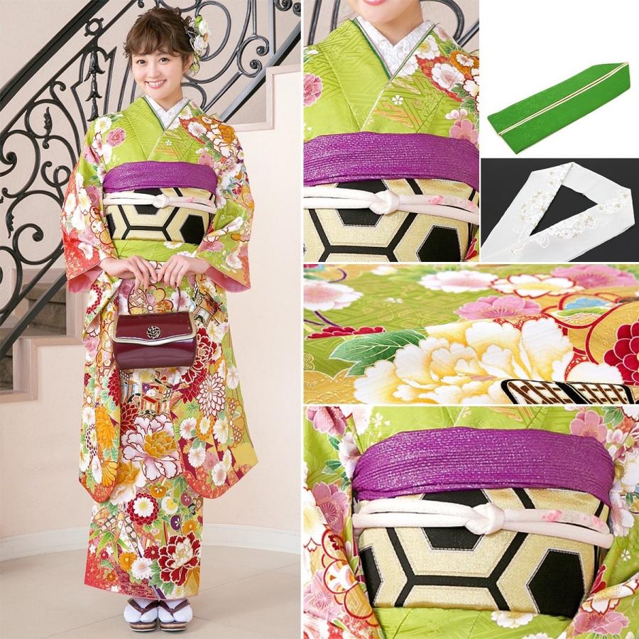 振袖セット 黄緑系 几帳 桜 牡丹 菊 松 雲取り 花 絵羽柄 絹 西陣織
