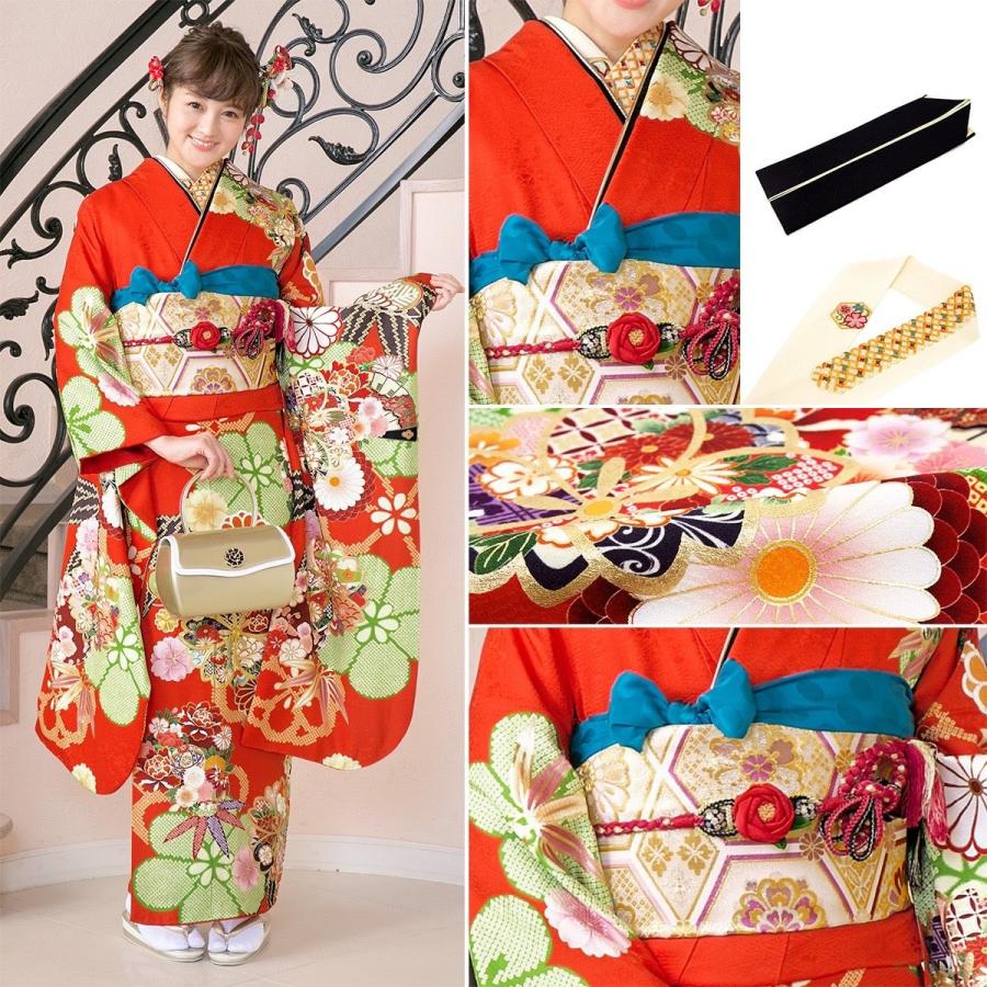 振袖セット 赤系 レッド 金色 桜 梅 花 よろけ縞 雲取り 絵羽柄 正絹