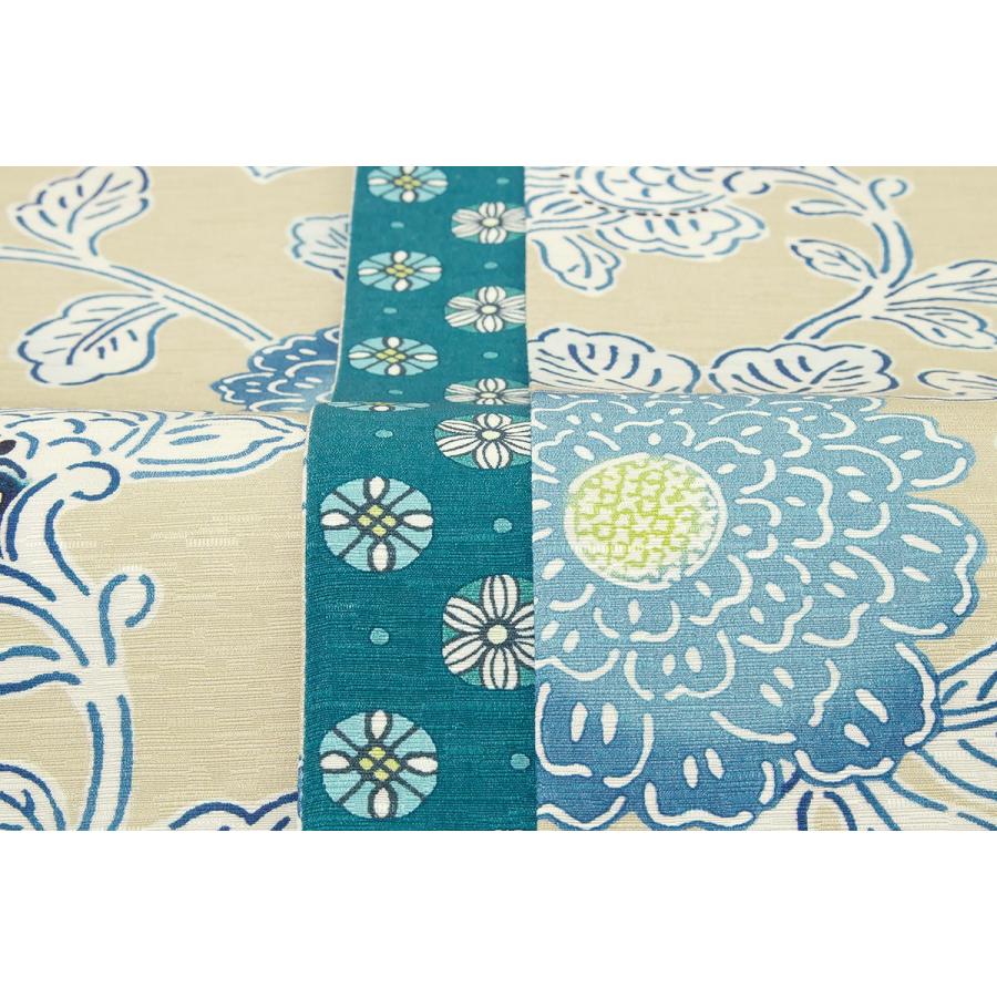 半幅帯 正絹 モダン WA・KKA ベージュ 藍 青緑 花唐草 更紗 丸文 花文