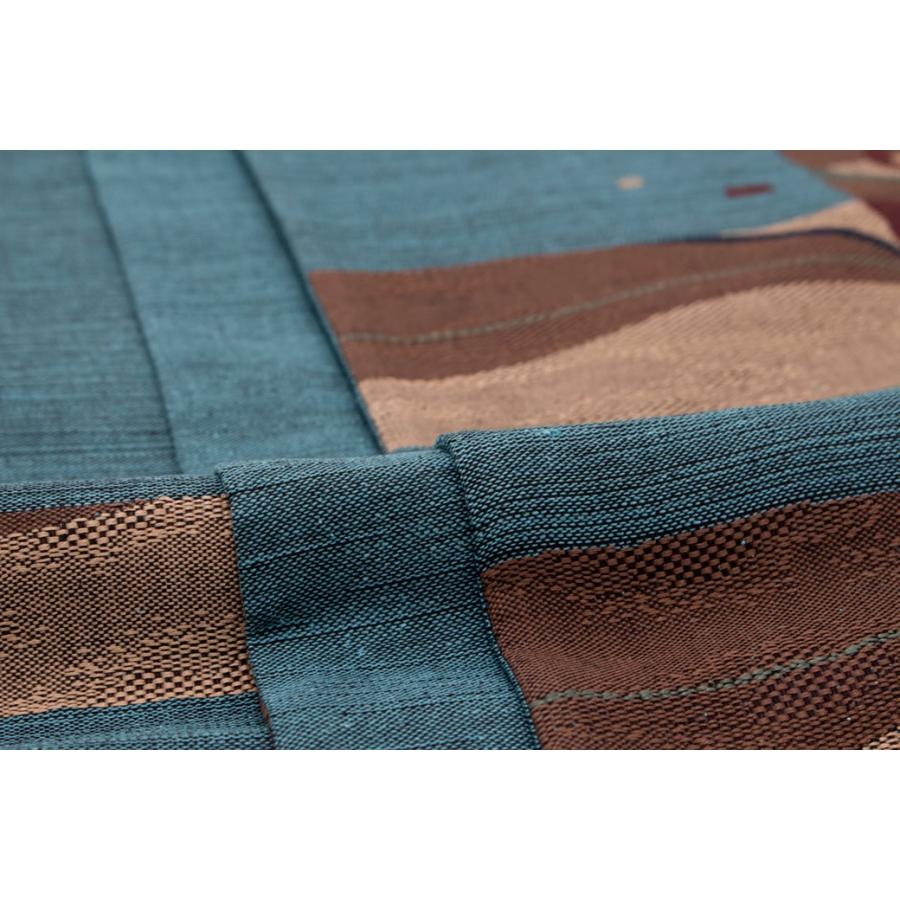 未仕立て】 袋帯 青 ブルー 茶色 流水文 格子 正絹 三幸織物 徳田佳考