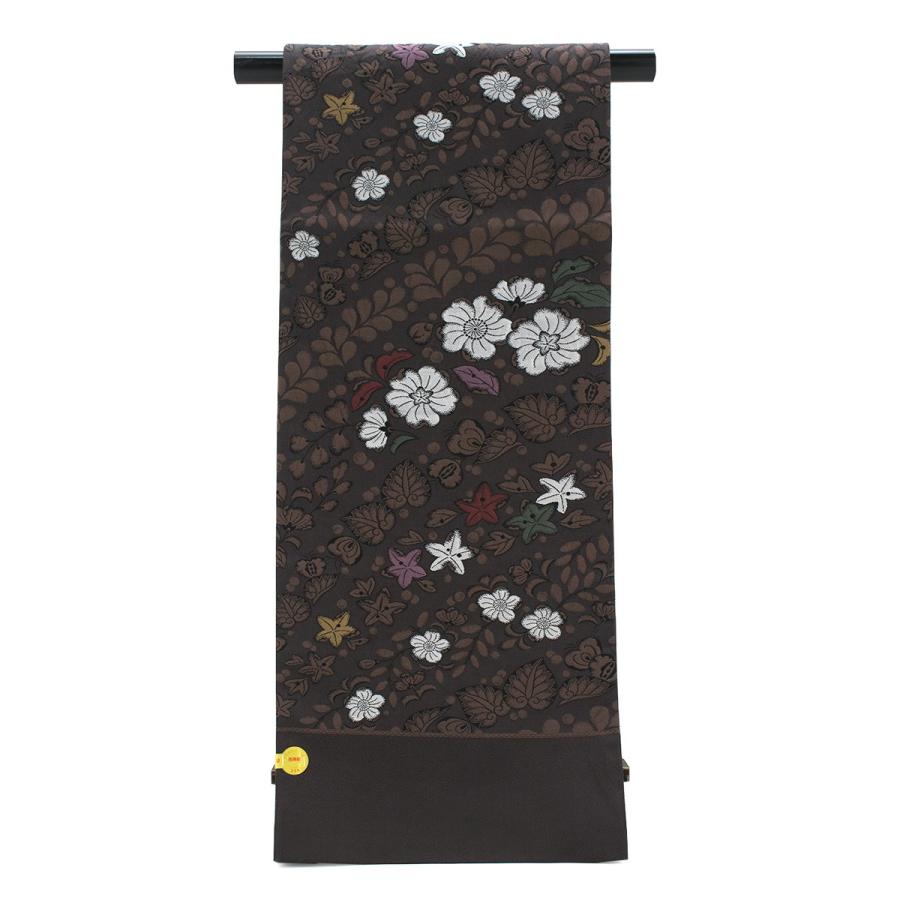 未仕立て】袋帯 黒茶色 ダークブラウン 鉄線花 百合 葵 辻ヶ花 ふくれ