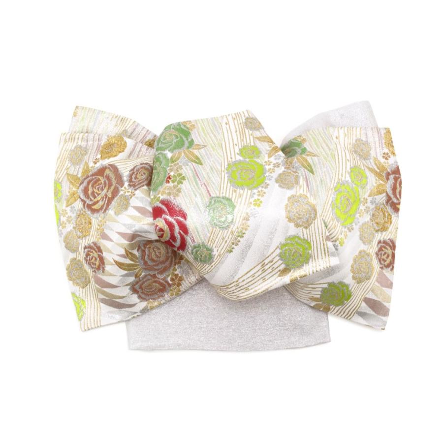 未仕立て】袋帯 振袖用 白 オフホワイト 金銀色 薔薇 バラ 菱 花 六通