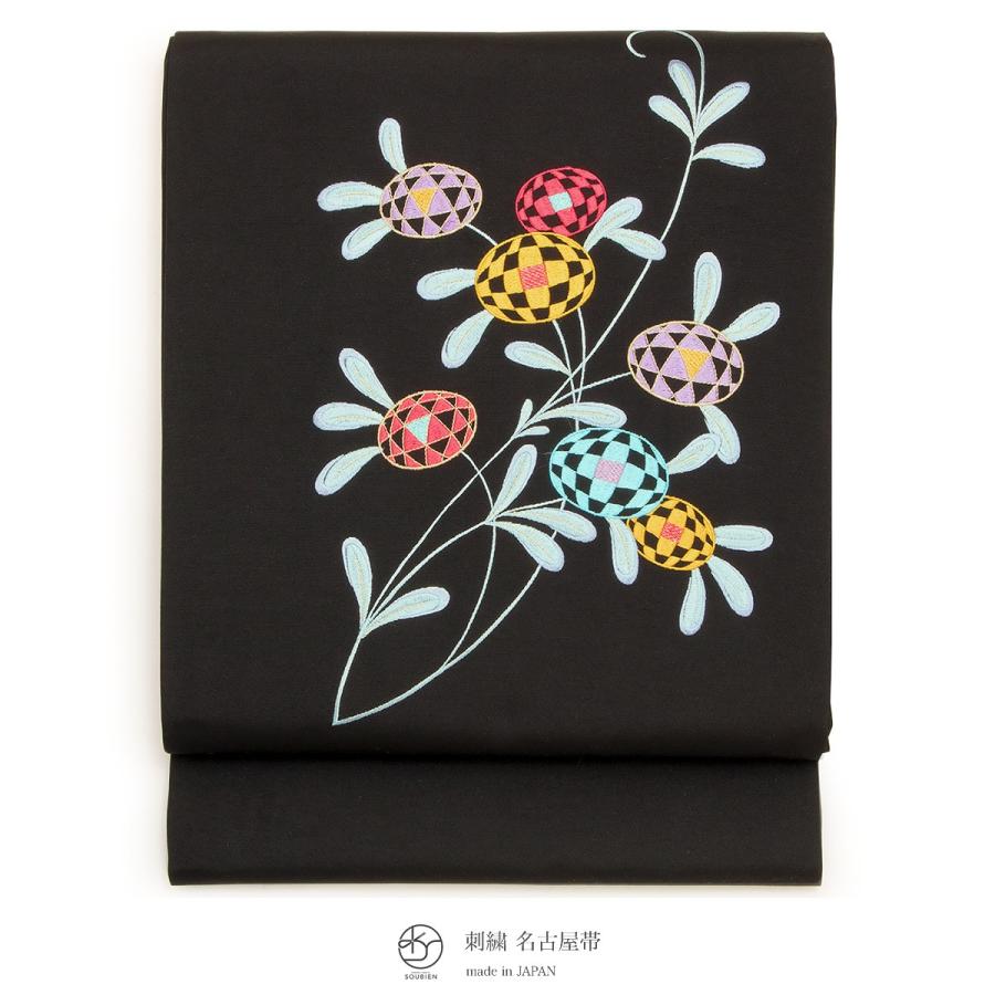 SOUBIEN（創美苑） 名古屋帯 黒 九寸名古屋帯 ブラック 花 フラワー
