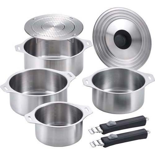 燕三 IH対応ハンドル着脱式鍋4点セット 蒸し台付 EM-032 ( 1セット