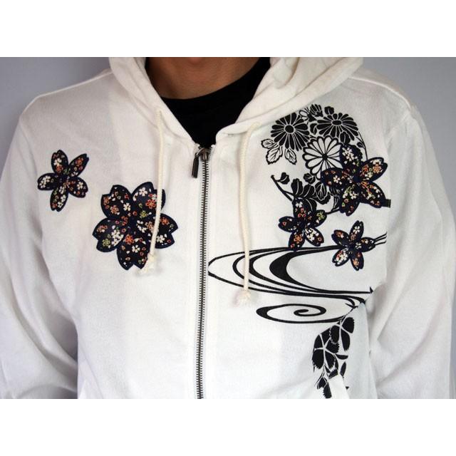 絡繰魂 和柄【絡繰魂】桜流水ZIPパーカー ブラック ホワイト : 和柄
