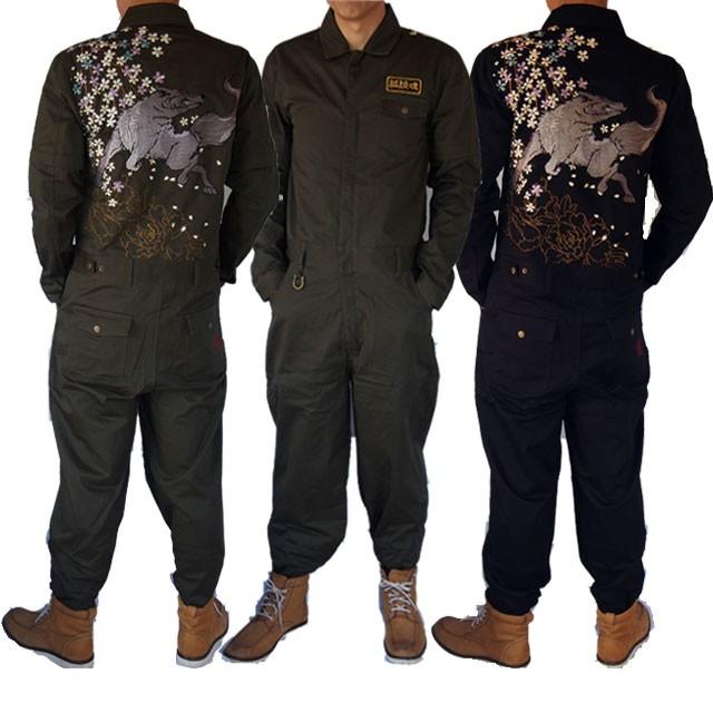 オールインワン【つなぎ】【絡繰魂】 メンズ和柄 枝垂れ桜に銀狼 刺繍