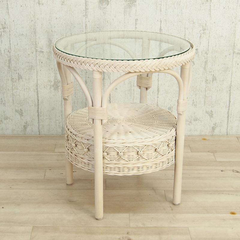 昭和レトロ ラウンドガラストップラタンローテーブル ラタン製円形