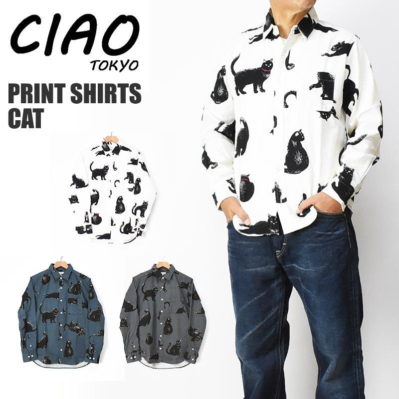 CIAO（チャオ） 長袖シャツ 黒猫 メンズ COTTON PRINT SHIRTS CAT ねこ