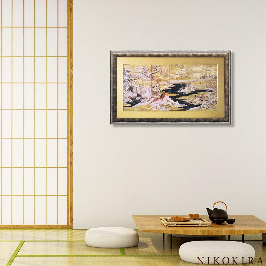 アートパネル 日本 名画 和風フレーム 赤い鳥と山水 111cm 68cm