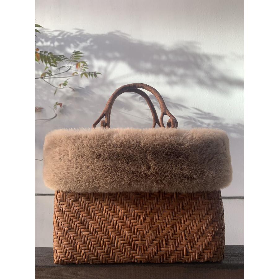 山葡萄籠バッグ 手作り 山葡萄かごバッグ 細ひご 内布あり ファー付き