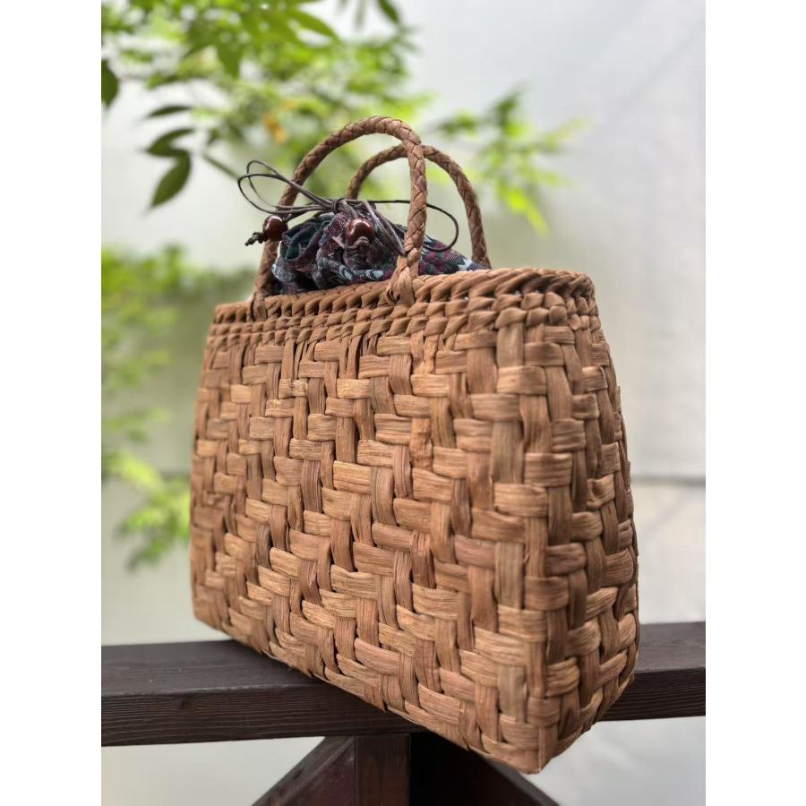 国産山葡萄蔓 手作り かごバッグ 太ひご網代編み 巾着タイプ内布 L