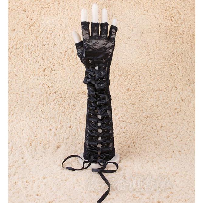 レース×編み上げ フィンガーレス アームグローブ ロンググローブ