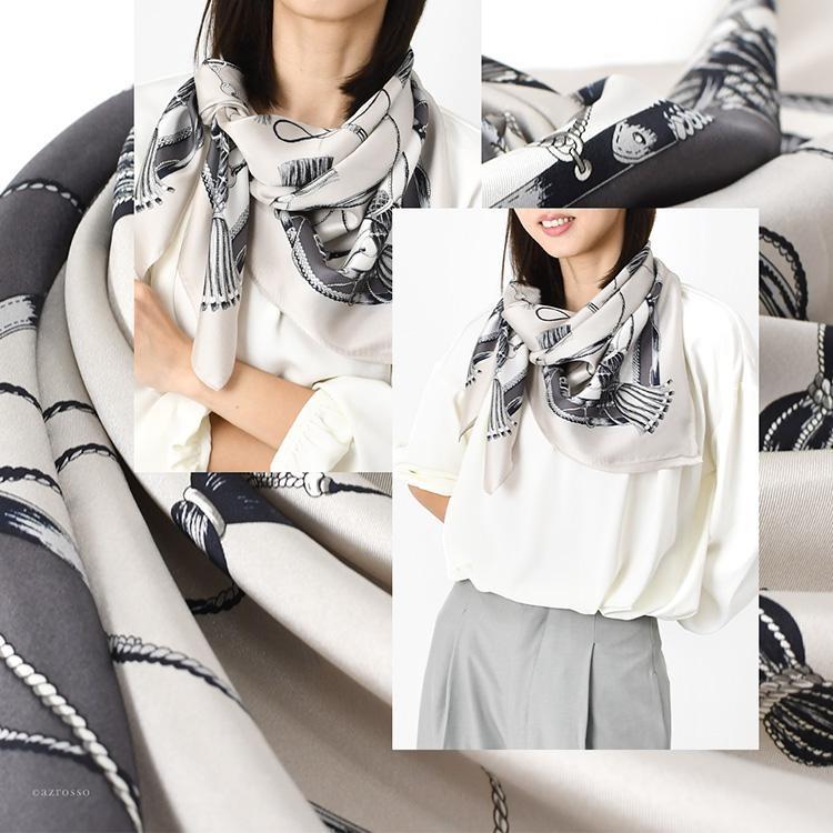 日本製 シルク スカーフ 大判 正方形 90cm エルメス 柄 馬具 ネイビー