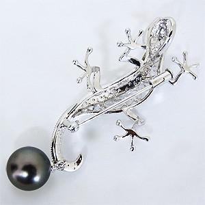 ブローチ ヤモリデザイン トカゲ ペンダント兼用可 タヒチ黒蝶真珠