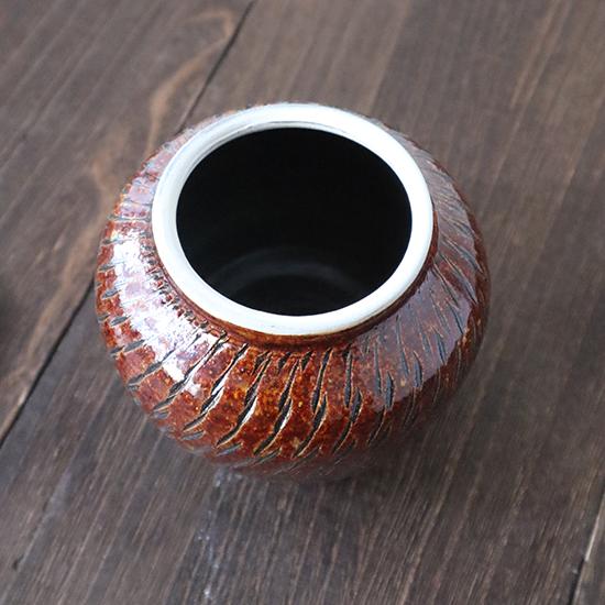 壺 一合 蓋付き 飛鉋 茶 あめ色 坂本工窯 小鹿田焼 陶器 漬物 梅干し