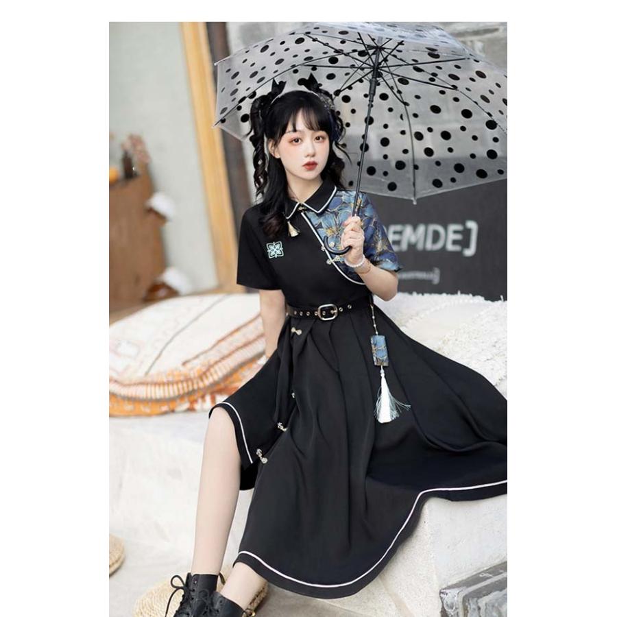 チャイナワンピース 中華風 和柄 ベルト付き 半袖 長袖 切り替え ハイ