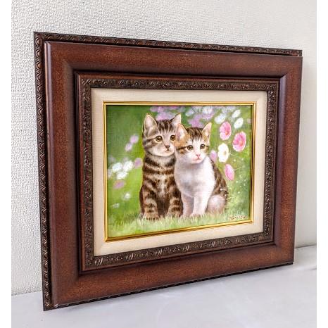 油絵 菅家令子 絵 絵画インテリア額付(黒) F3-030919子犬子猫と女の子