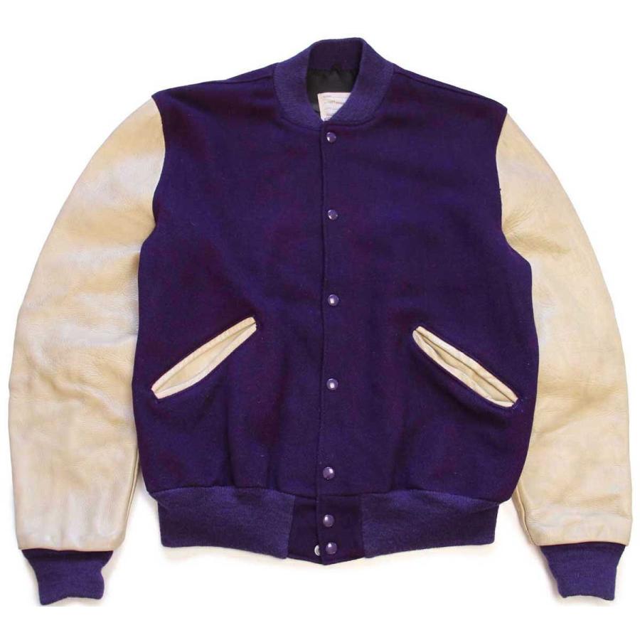 70s DeLONGデロング メルトン ウール 袖革スタジャン 紫×ベージュ 44L