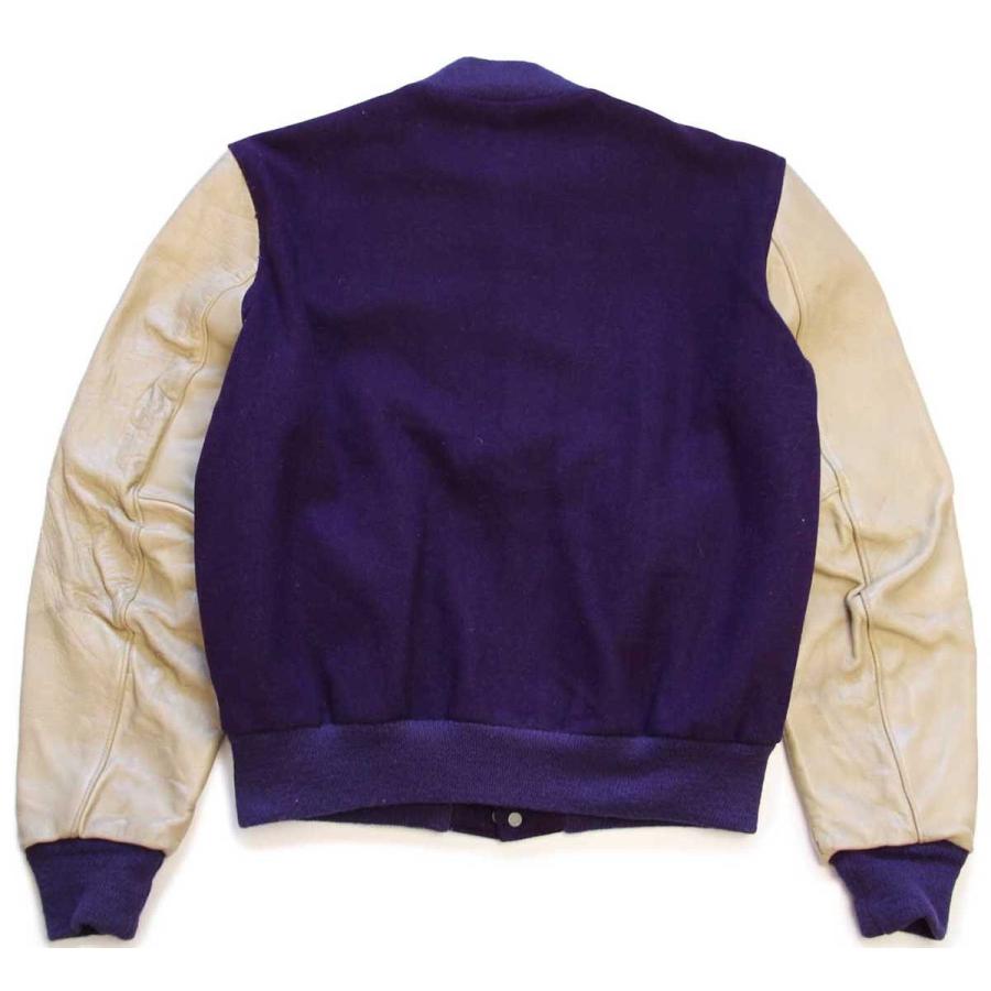 70s DeLONGデロング メルトン ウール 袖革スタジャン 紫×ベージュ 44L