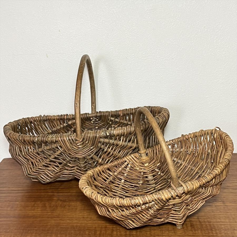 ヴィンテージ 昭和レトロ ハンドメイド 籐編籠 手つきカゴ 大小セット