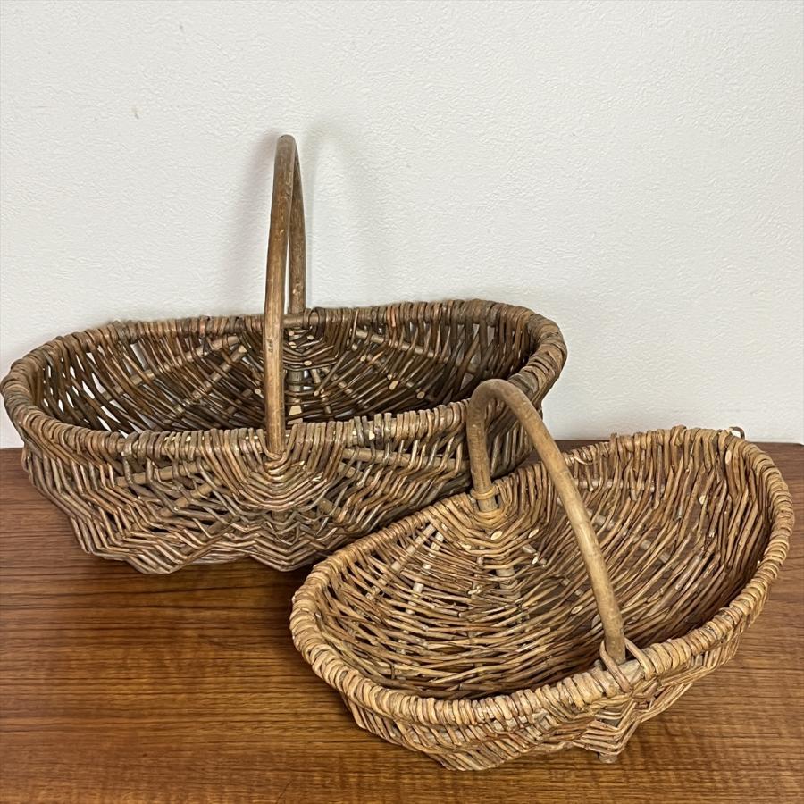 ヴィンテージ 昭和レトロ ハンドメイド 籐編籠 手つきカゴ 大小セット