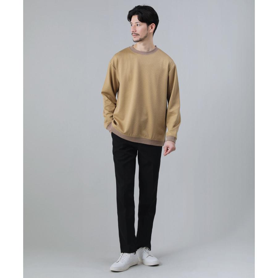 スウェット メンズ 長袖 クルーネック 編み模様 オフホワイト キャメル