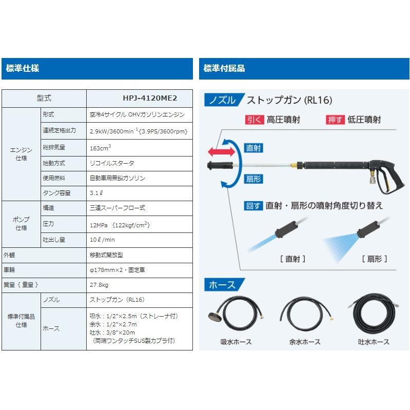 ツルミポンプ 高圧洗浄機 業務用 小型 エンジン駆動 吐水ホース20m付