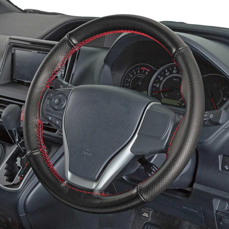 本革 ハンドルカバー フィックススポーツ M(編込み)ブラック×レッド