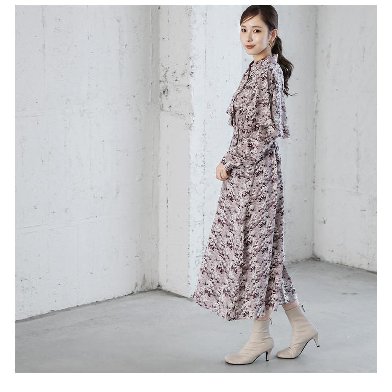 フラワーラッフルフリル ワンピース 花柄 長袖 半袖 フリル ウエスト