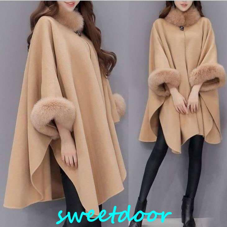 フォックスファー付 ポンチョ コート ケープコート レディース マント