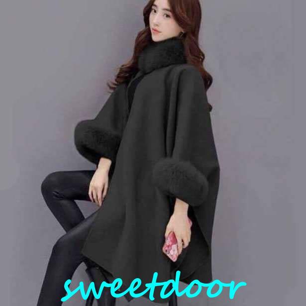 フォックスファー付 ポンチョ コート ケープコート レディース マント