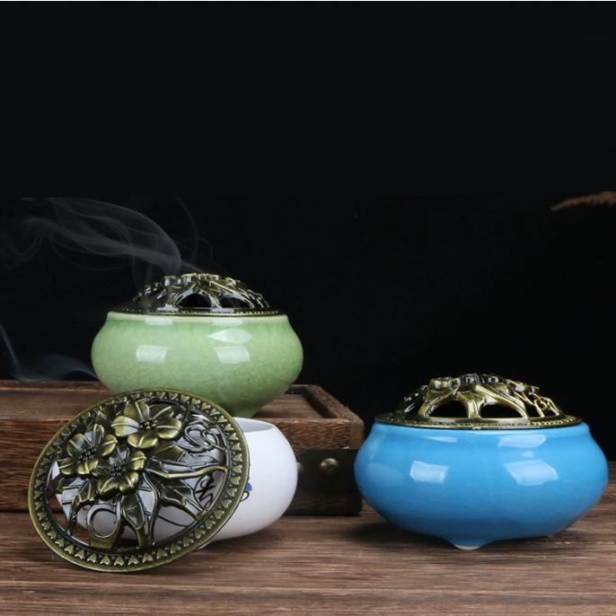 香炉 お香立て 蓋付き おしゃれ 丸型 陶器 セラミックス インセンス