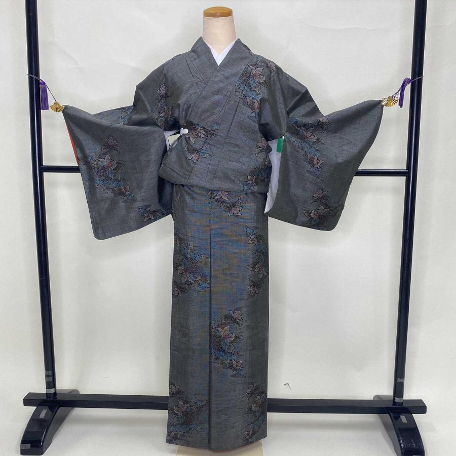 大島紬 紬 十字絣 9マルキ カジュアル柄 花柄 黒 グレー お洒落着