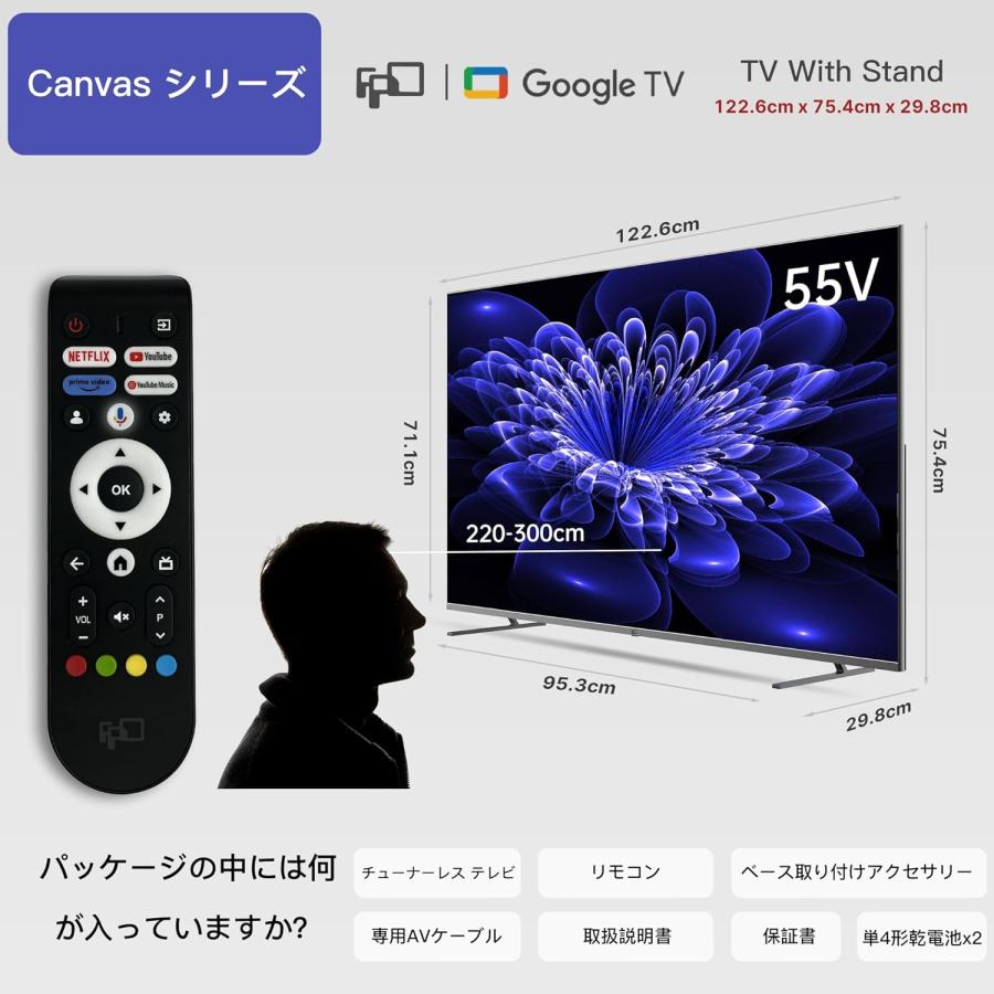 FPD チューナーレステレビ 55V型 4K Google TV ネット動画対応