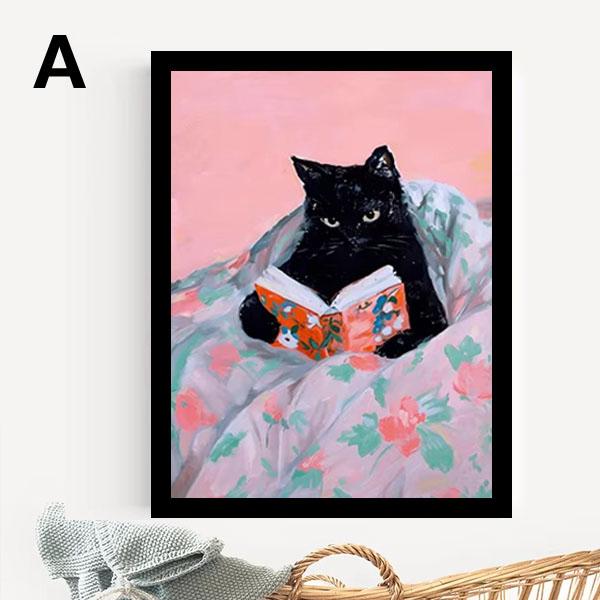 単品 額入り アートポスター 33×43cm 枠付きフレーム絵画 本を読む猫