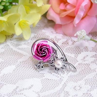 バラ パールブローチ タックブローチ 本真珠 スワロフスキー 赤 ピンク