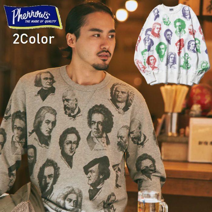Pherrow's（フェローズ） トレーナー 肖像 総柄プリント 丸首 クルー