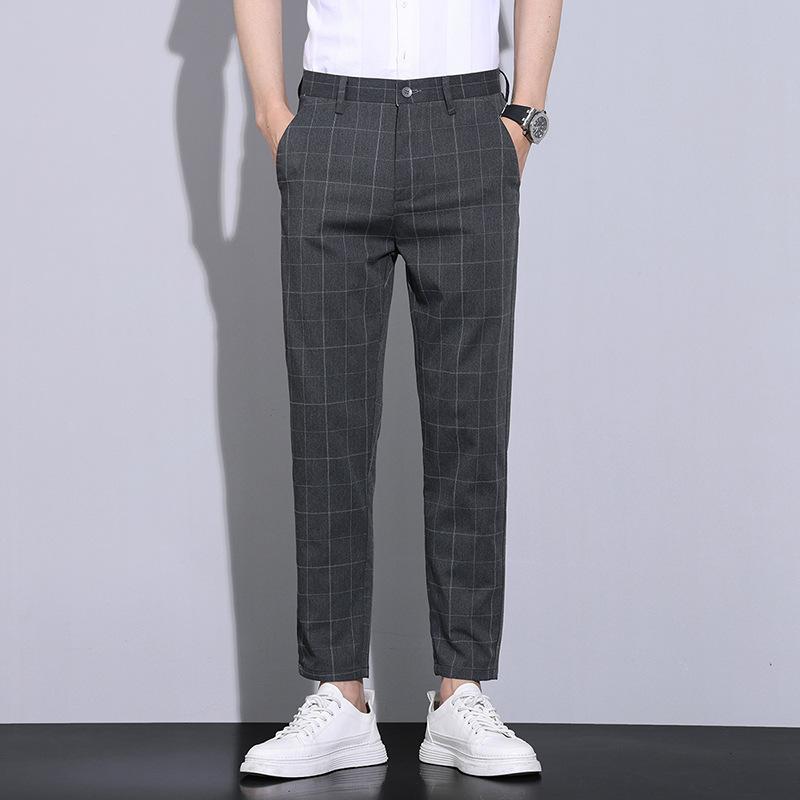 チェック柄スラックスメンズビジネススラックス スリムノータック