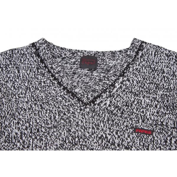 PAPAS（パパス） コットンVネックローゲージニットセーター 白黒46S