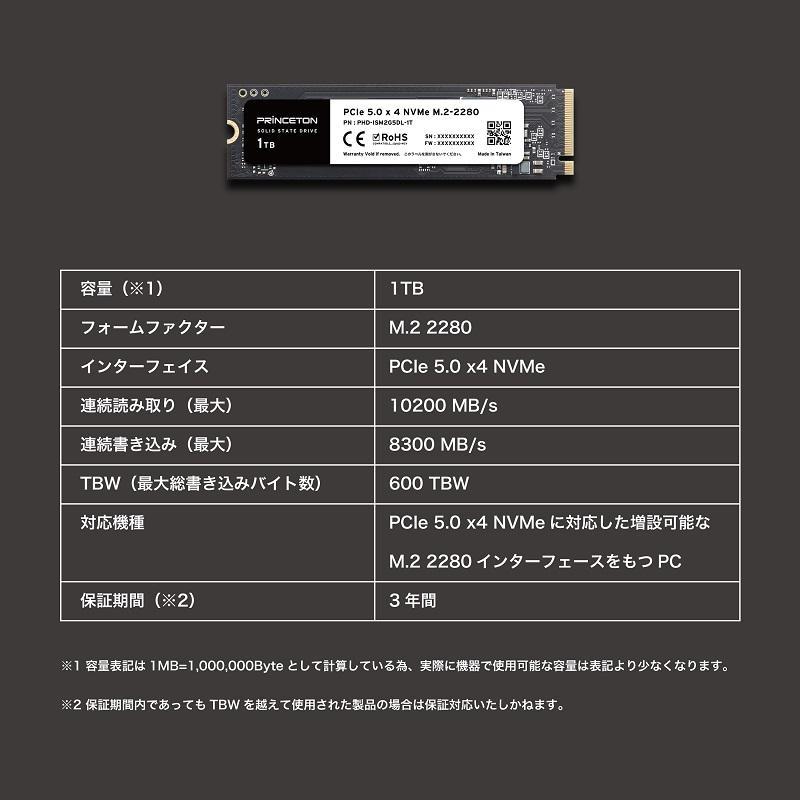 PRINCETON（プリンストン） 内蔵SSD 1TB PCIe 5.0x4 NVMe M.2 2280