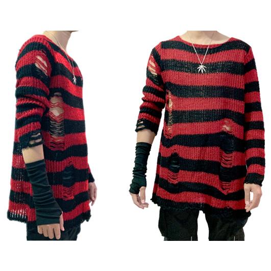 赤黒ボーダー ゴシックロック グランジ ニット ダメージ入り メンズ