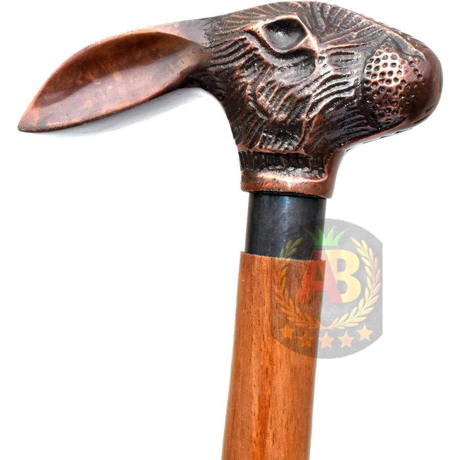 アンティークラビットウサギハンドル レッド天然木ステッキユニ