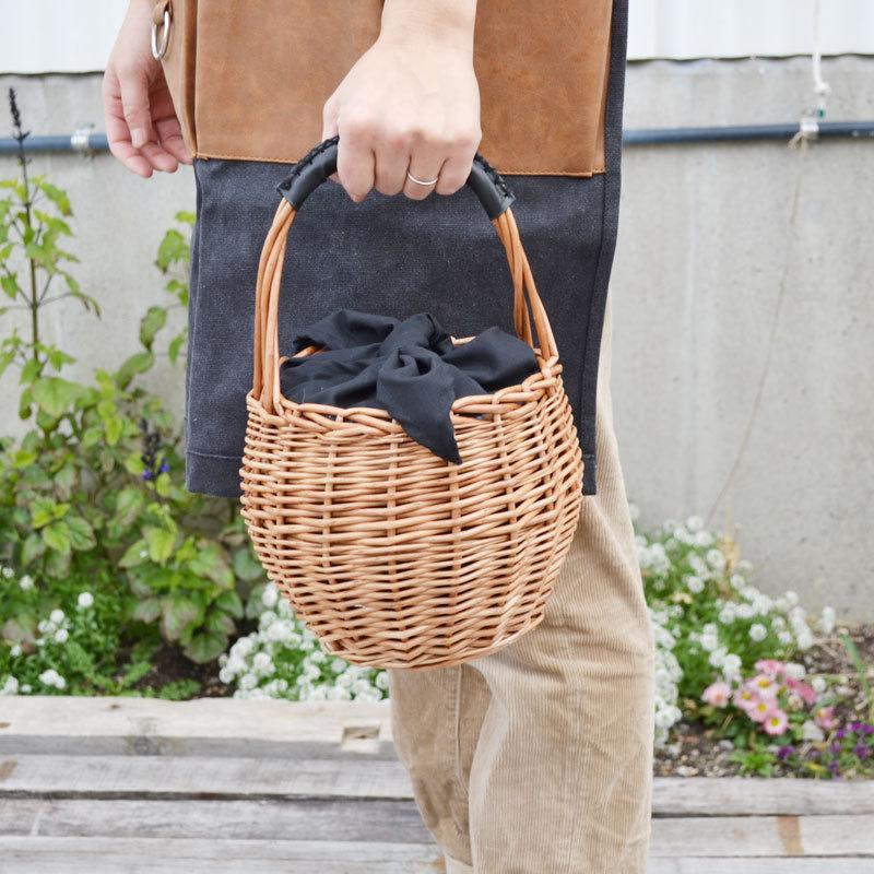かごバッグ カゴバッグ 布付 柳 ウィロー 黒 ハンドバッグ 巾着 籠