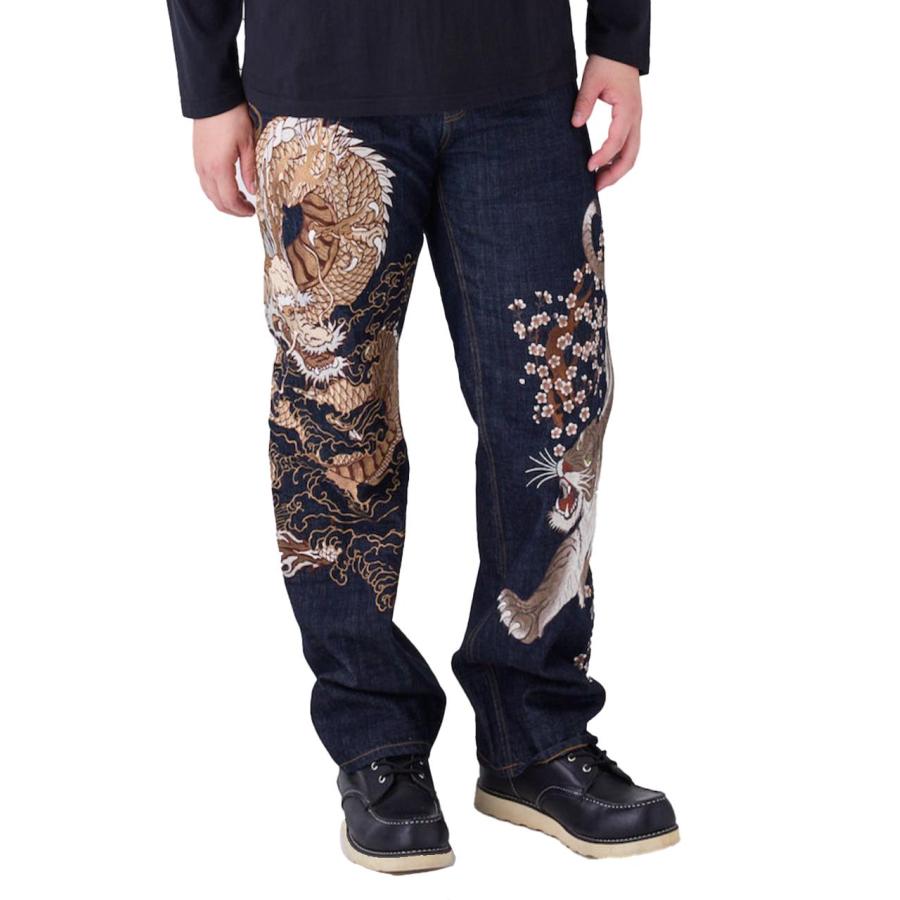 ジーンズ 和柄 大きいサイズ メンズ 龍虎 刺繍 絡繰魂 デニムパンツ