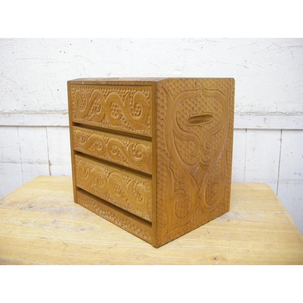 アイヌ文様・彫刻・小引き出し・小物入れ・W31cm・民芸品・木彫り