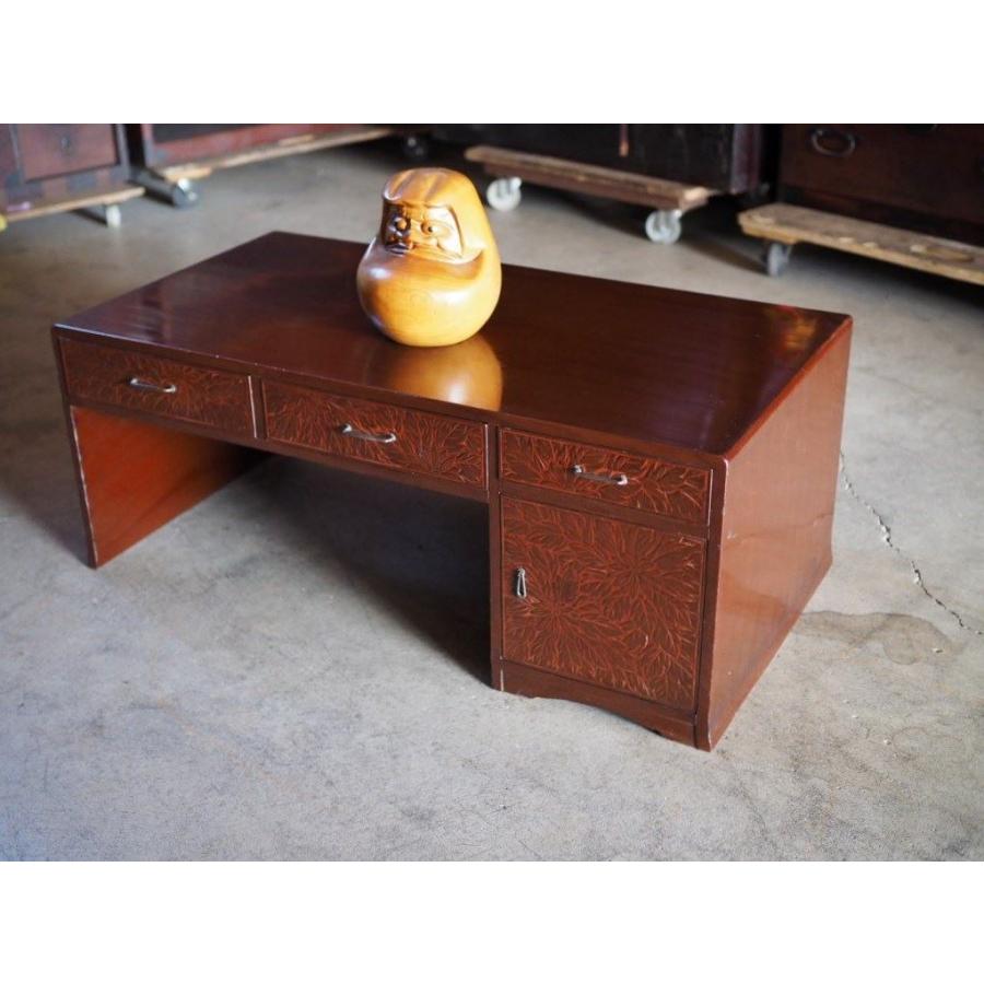 日光彫 気密性の良い書斎机 昭和中期 古録展 送料別 Gサイズ 中古 品番