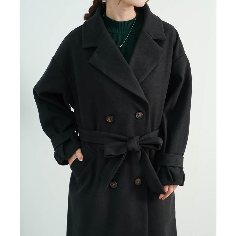 ロングコート レディース ベルト付き ダブルボタン ウールライク